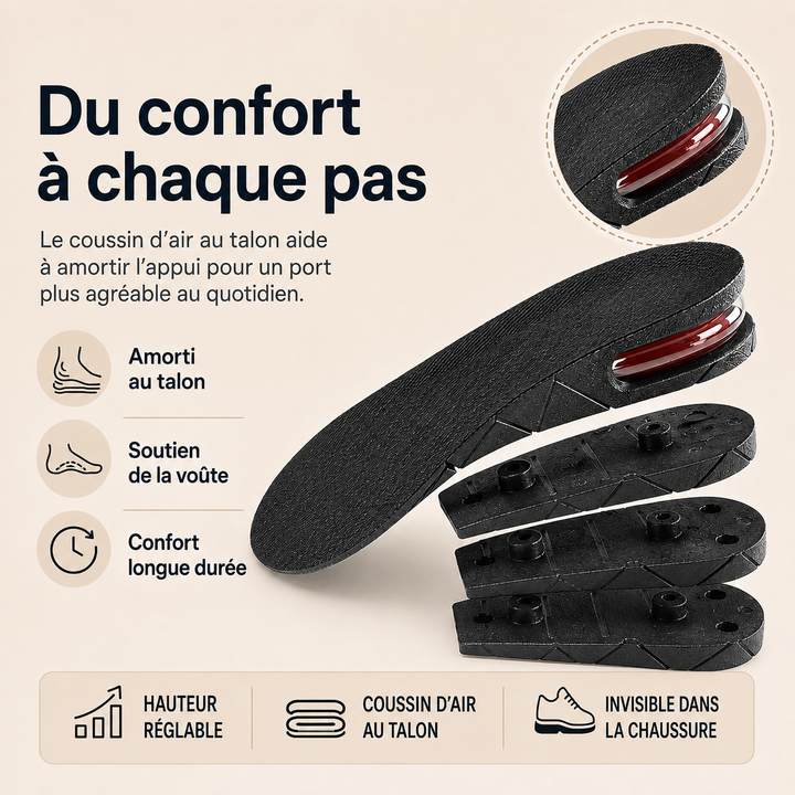 Semelles rehaussantes Lift Ease pour un confort maximal, gain de taille immédiat, parfaites pour toutes chaussures.