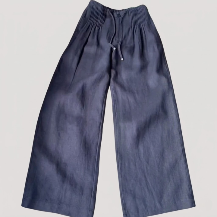 Pantalon d'été décontracté femme en coton léger, coupe ample et fluide, avec taille élastique.