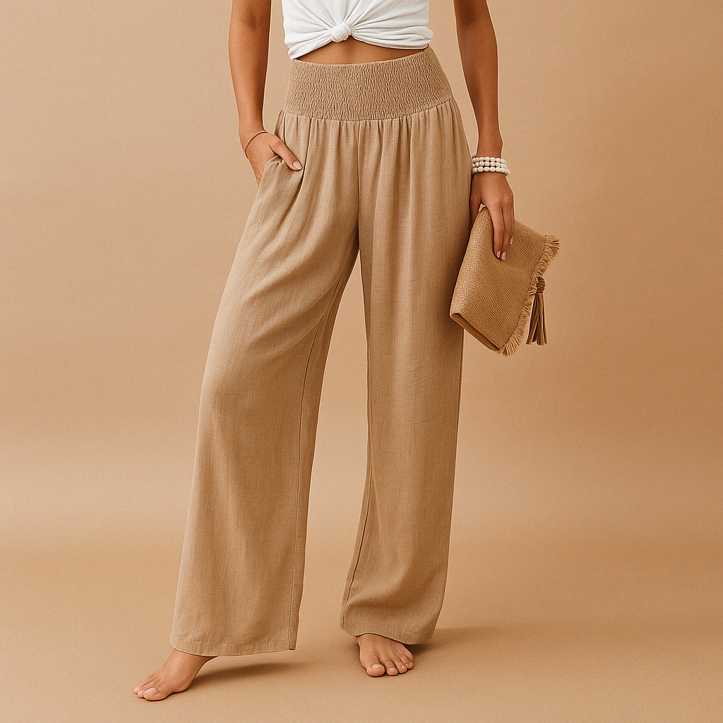 Pantalon femme taille haute en lin fluide, coupe décontractée chic pour confort et élégance.