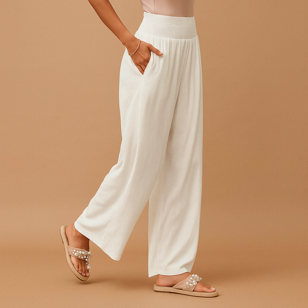 Pantalon femme taille haute avec taille élastique, jambes droites pour un look décontracté et chic.