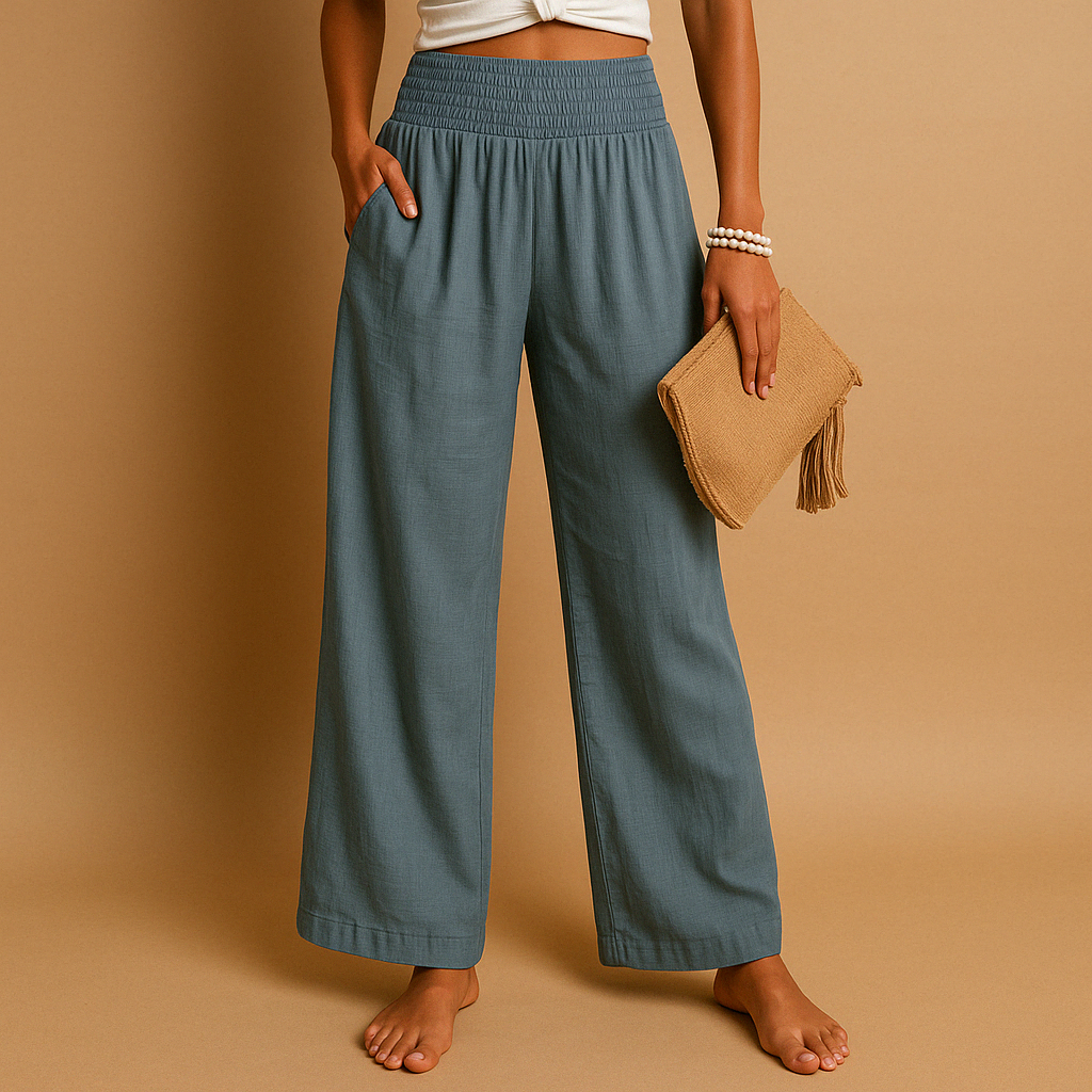 Pantalon confortable en lin fluide pour femme, taille haute, idéal pour une tenue décontractée chic.