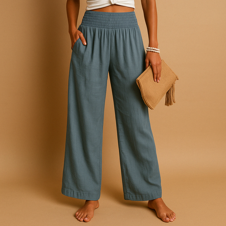 Pantalon confortable en lin fluide pour femme, taille haute, idéal pour une tenue décontractée chic.