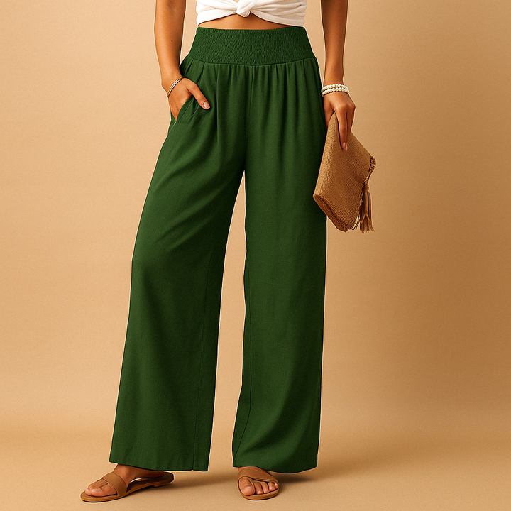 Pantalon femme décontracté taille haute avec taille élastique, en lin fluide et léger.