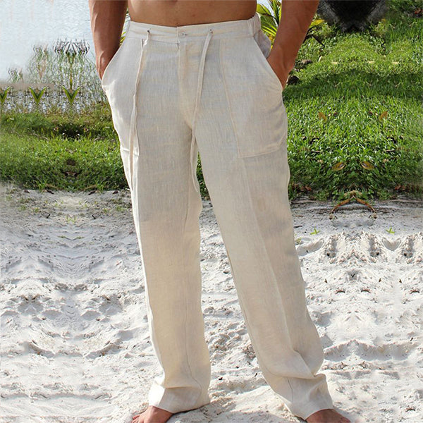 Pantalon homme lin beige, style décontracté et respirant, parfait pour l'été.
