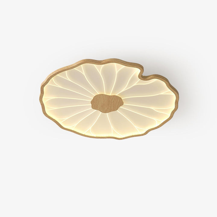 Plafonnier LED Solara feuille de lotus, design bois naturel, éclairage moderne pour salon.