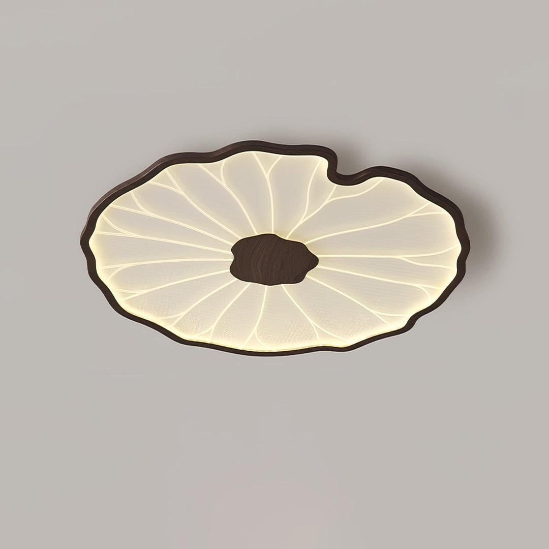 Lampe de plafond LED Solara, bois noyer, feuille de lotus, pour une ambiance lumineuse et moderne.
