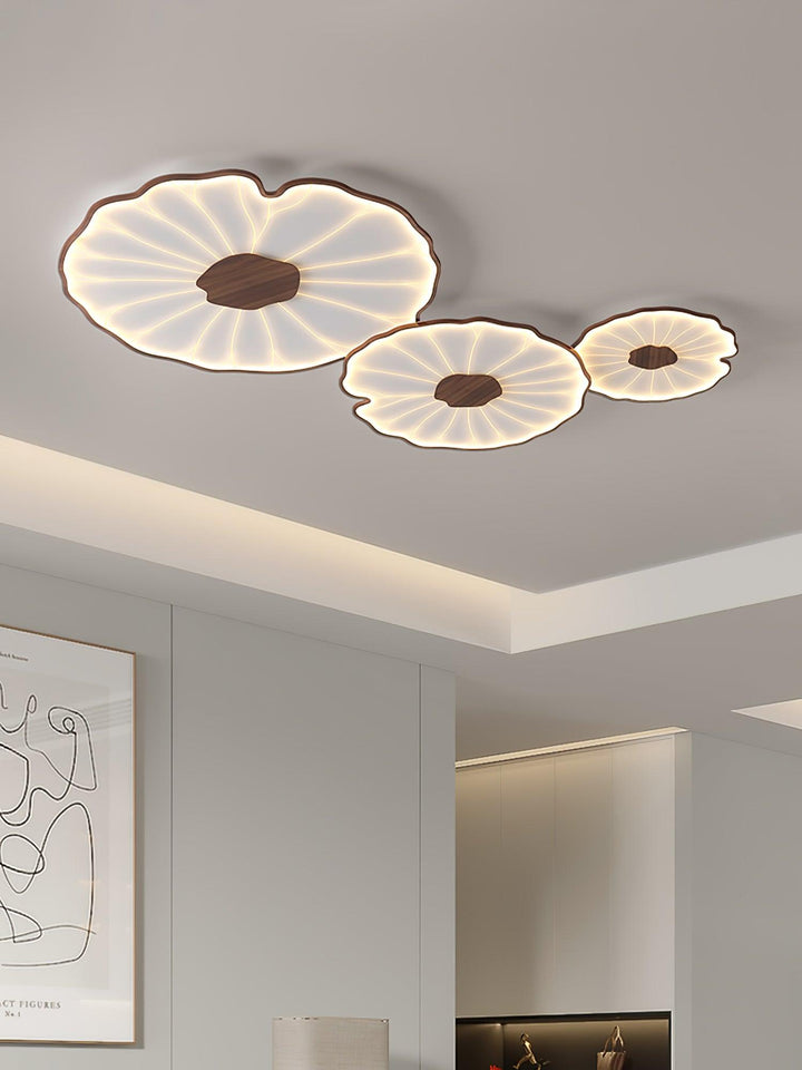 Éclairage LED Solara, design feuille de lotus, bois noyer, pour une décoration lumineuse.