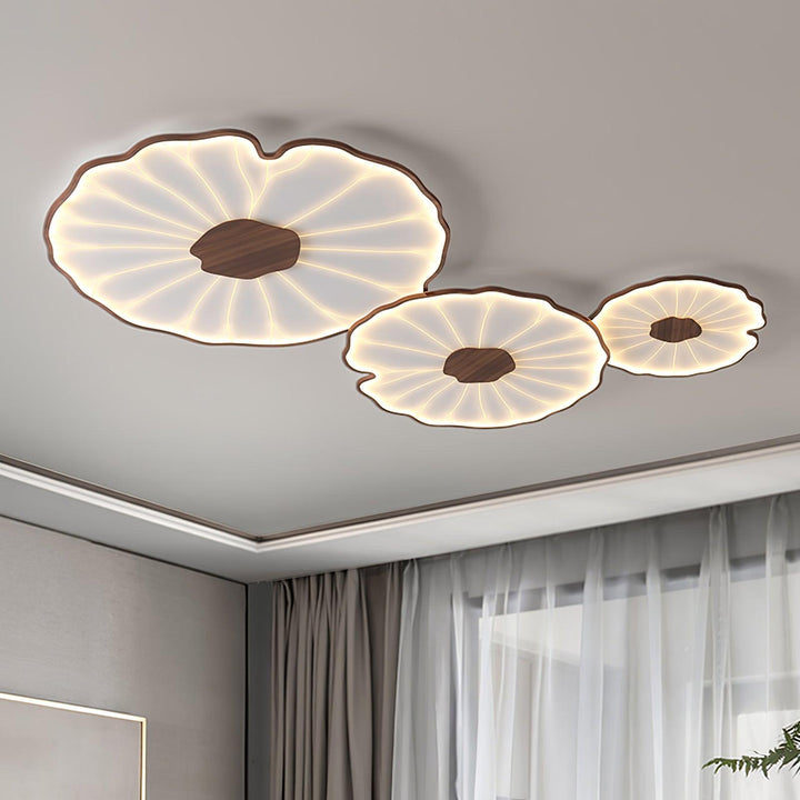 Éclairage LED Solara, design feuille de lotus, bois noyer, transforme votre salon avec style.