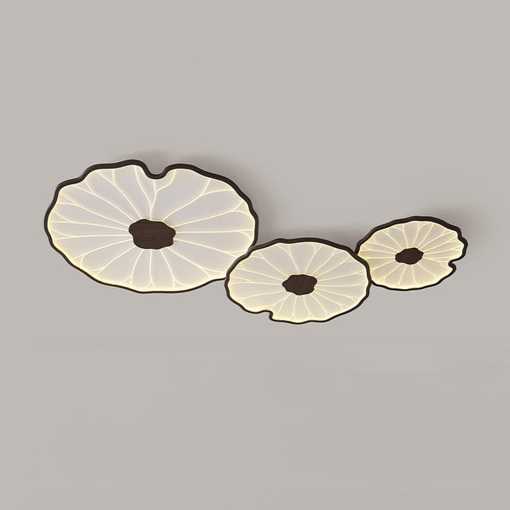 Plafonnier LED Solara moderne, motif feuille de lotus, bois naturel, parfait pour salle à manger.