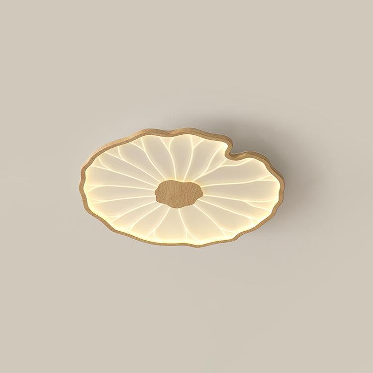 Design moderne plafonnier LED Solara feuille de lotus, bois naturel, luminaire intérieur élégant.