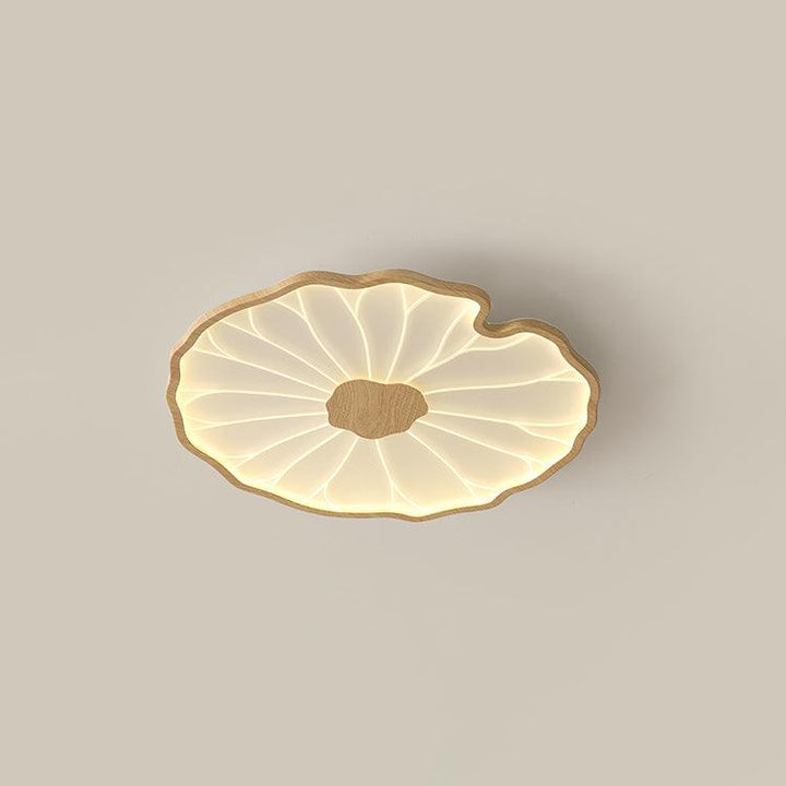 Design moderne plafonnier LED Solara feuille de lotus, bois naturel, luminaire intérieur élégant.