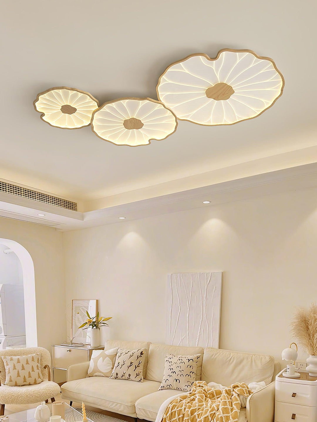 Éclairage LED Solara feuille de lotus, bois noyer, pour chambre ou salle à manger, style moderne.