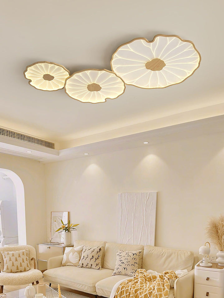 Éclairage LED Solara feuille de lotus, bois noyer, pour chambre ou salle à manger, style moderne.