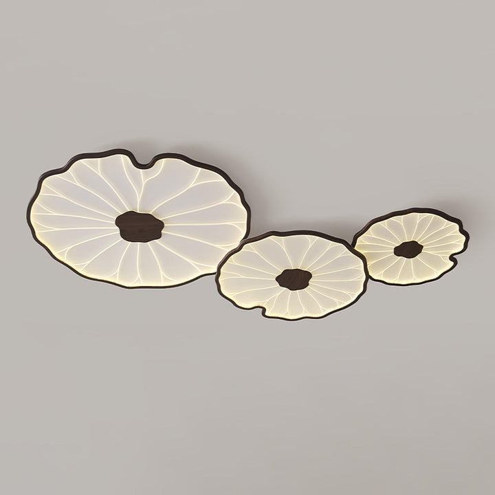 Plafonnier LED Solara, design minimaliste feuille de lotus, bois naturel, éclairage intérieur.