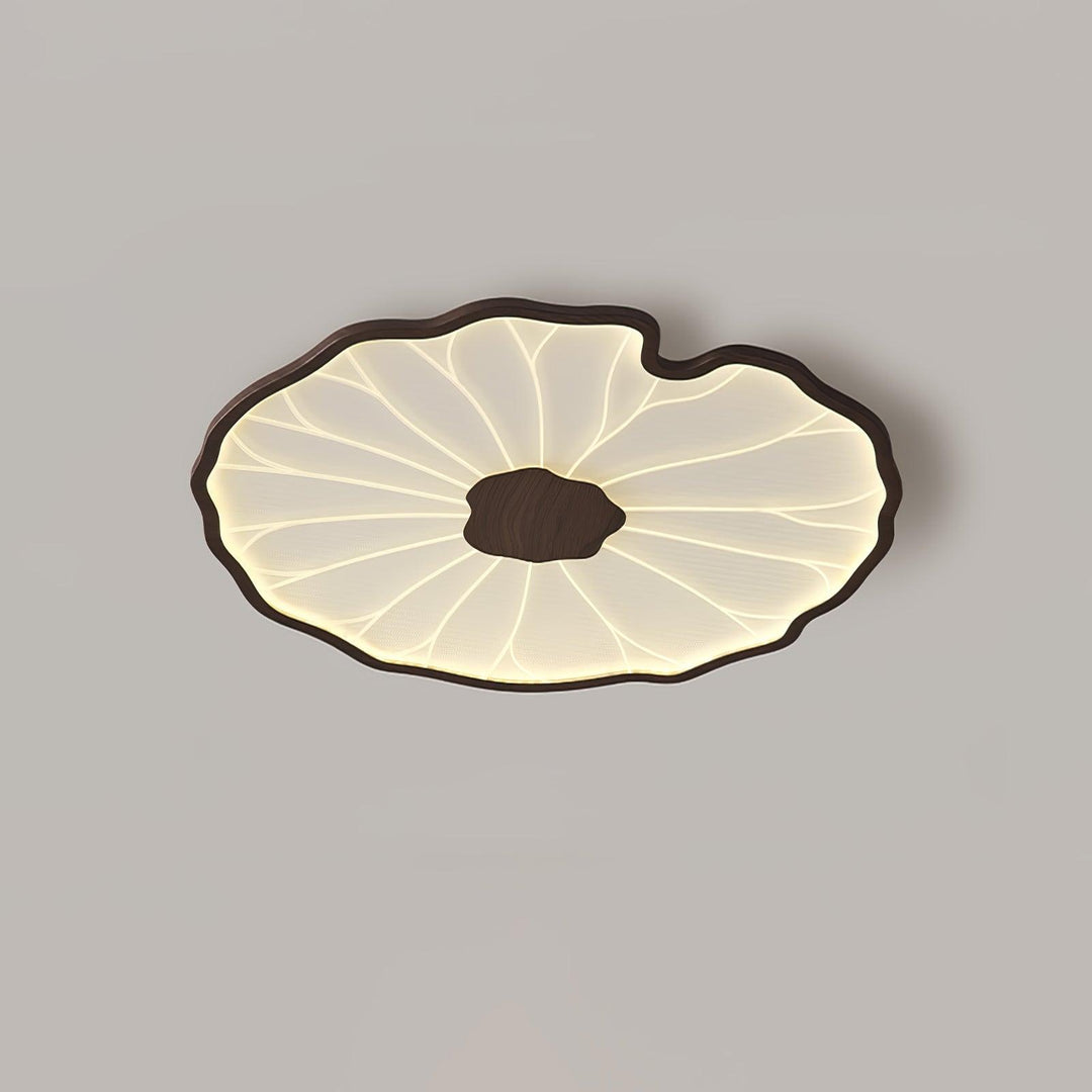 Plafonnier moderne Solara LED, feuille de lotus, bois naturel, pour une touche design au plafond.
