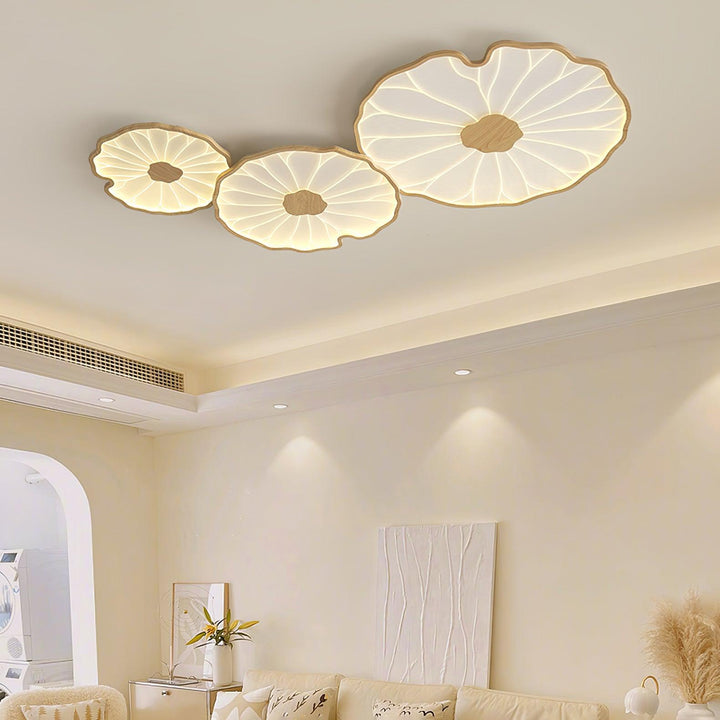 Éclairage intérieur LED Solara, design feuille de lotus en bois naturel et noyer, pour plafond.