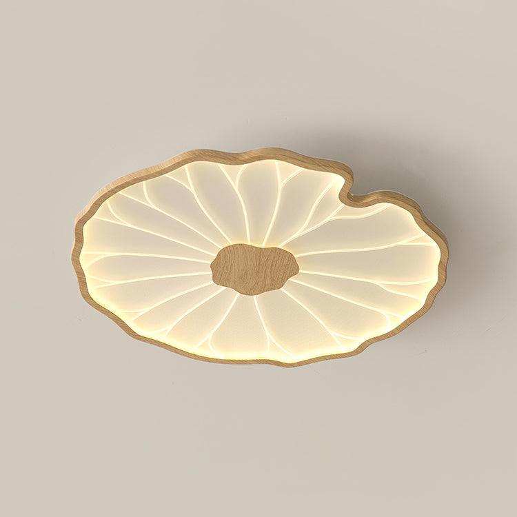 Plafonnier LED Solara, design unique feuille de lotus, bois naturel, éclairage design chambre.