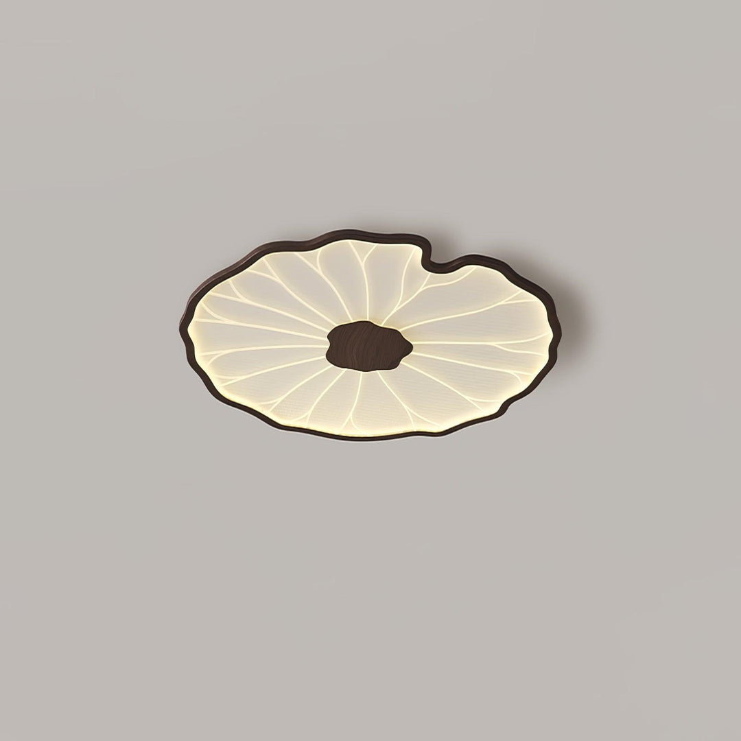 Plafonnier LED Solara design bois naturel, feuille de lotus, élégant luminaire pour plafond.