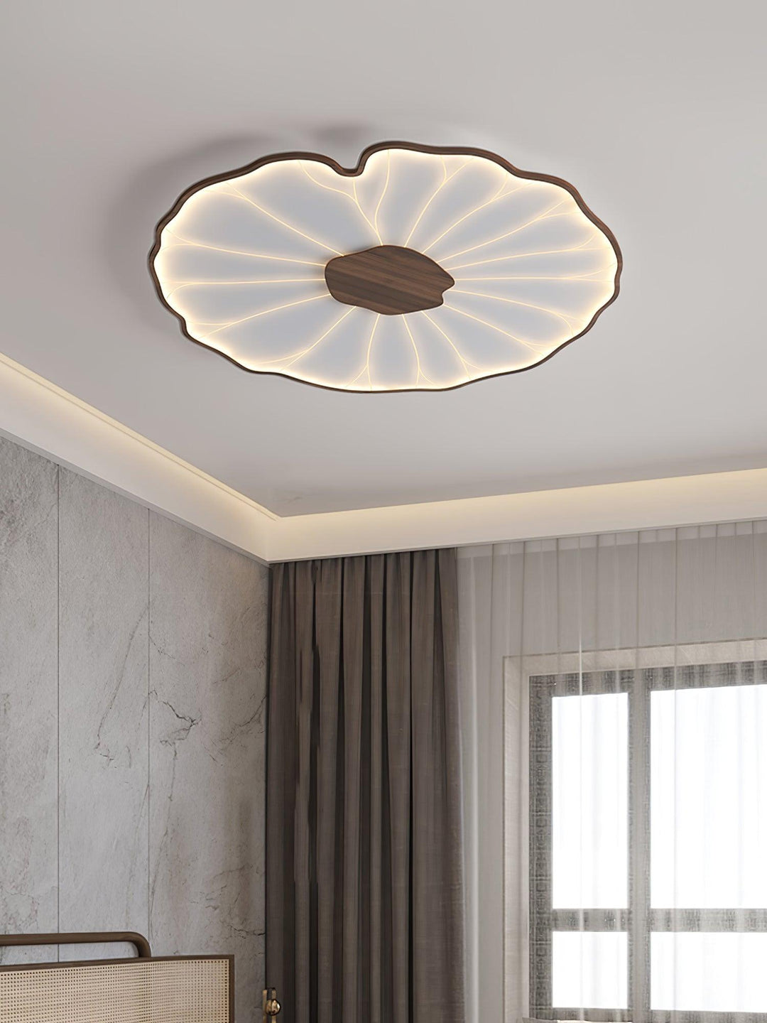 Lampe de plafond Solara LED, design bois noyer, motif feuille de lotus, crée une ambiance unique.