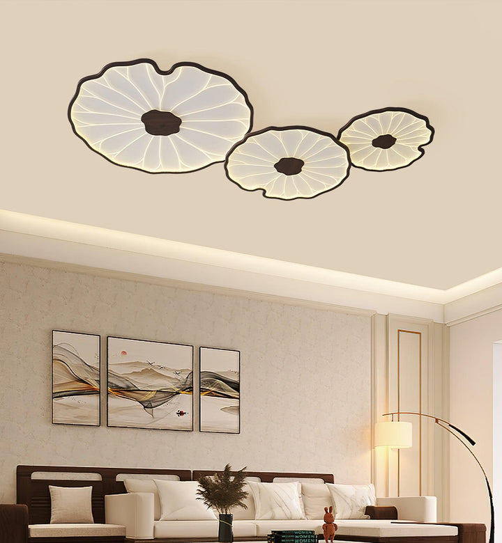 Luminaire LED Solara, design feuille de lotus, bois noyer, parfait pour un éclairage moderne chambre.