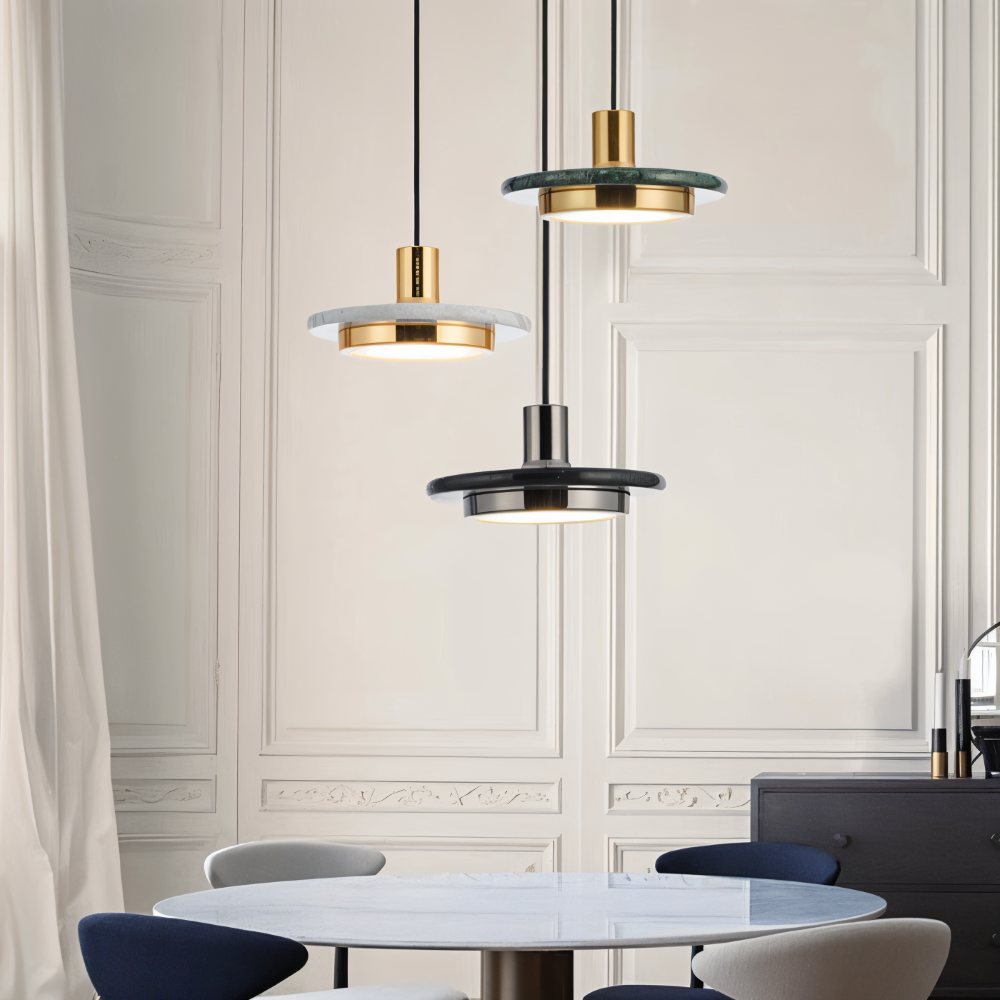 Élégante suspension LED pour intérieur, design double, idéale pour table de cuisine chic.