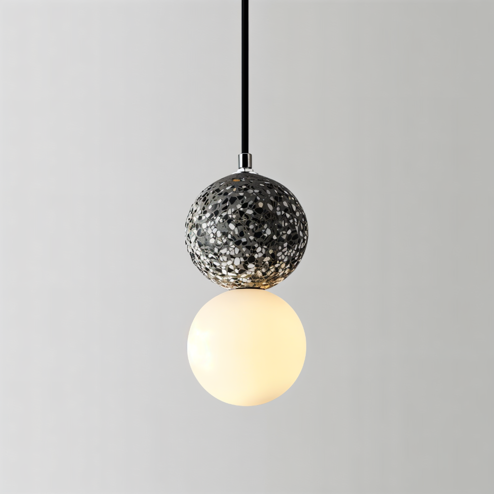 Éclairage contemporain LumeGlobe, suspension double boule en verre pour salle à manger.