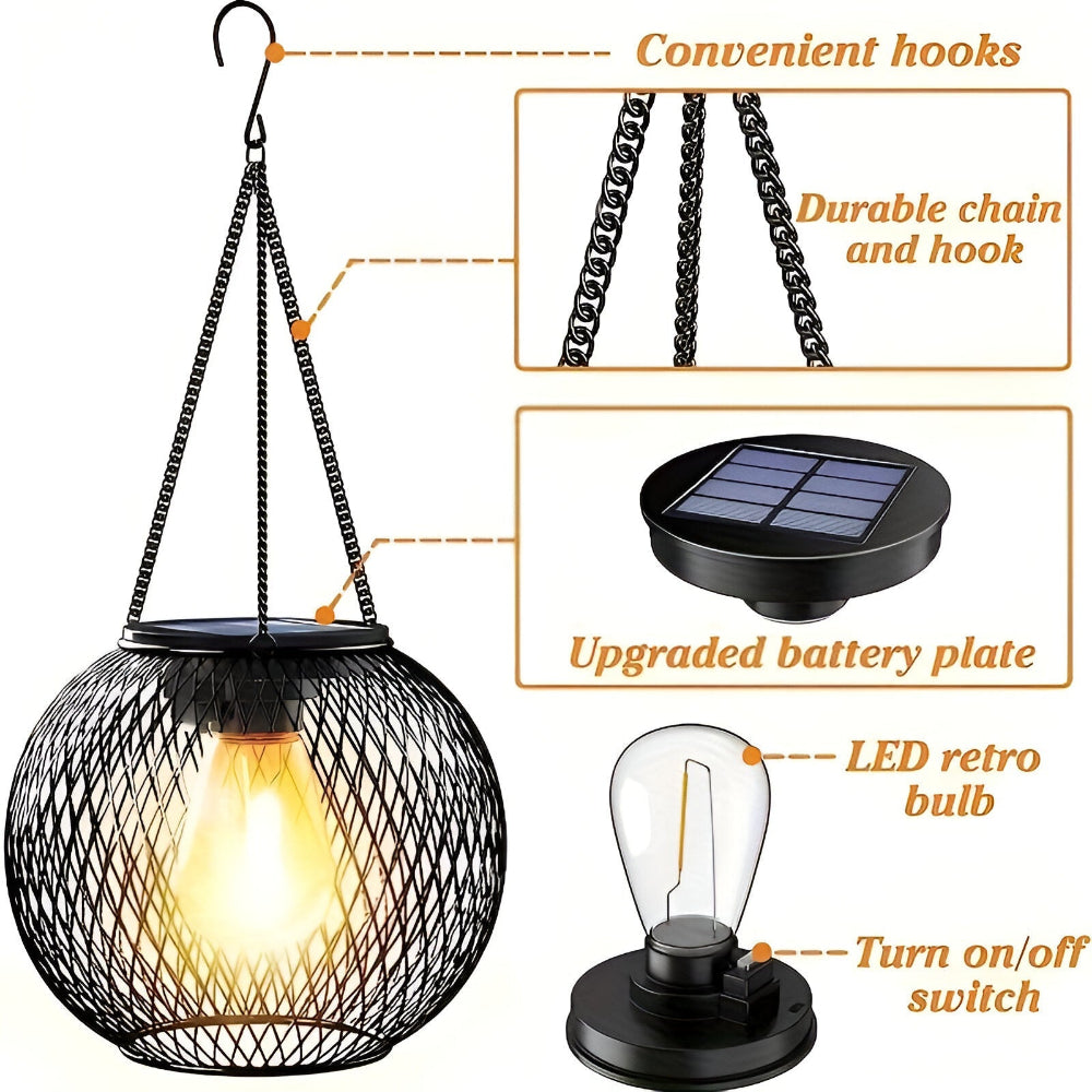 Lampe solaire extérieure résistante intempéries, lanterne décorative en métal pour une ambiance de jardin.