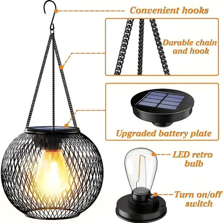 Lampe solaire extérieure résistante intempéries, lanterne décorative en métal pour une ambiance de jardin.