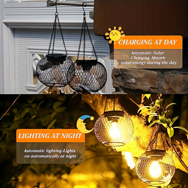 Lampe lanterne solaire en métal ajouré treillis, un éclairage décoratif parfait pour patios et balcons.