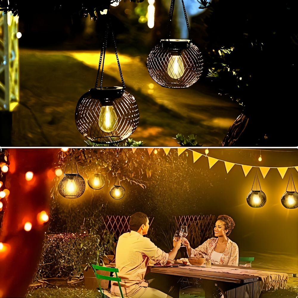Lanterne solaire décorative en métal noir treillis, crée une ambiance chaleureuse et lumineuse dans votre jardin.