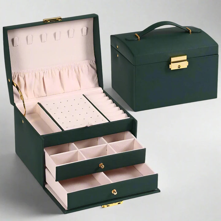 Boîte à bijoux élégante en cuir PU avec 3 tiroirs et intérieur en velours pour femme.