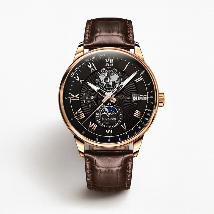 Montre homme mécanique élégante, dotée des phases de lune. Un accessoire de luxe étanche, idéal pour un cadeau raffiné.