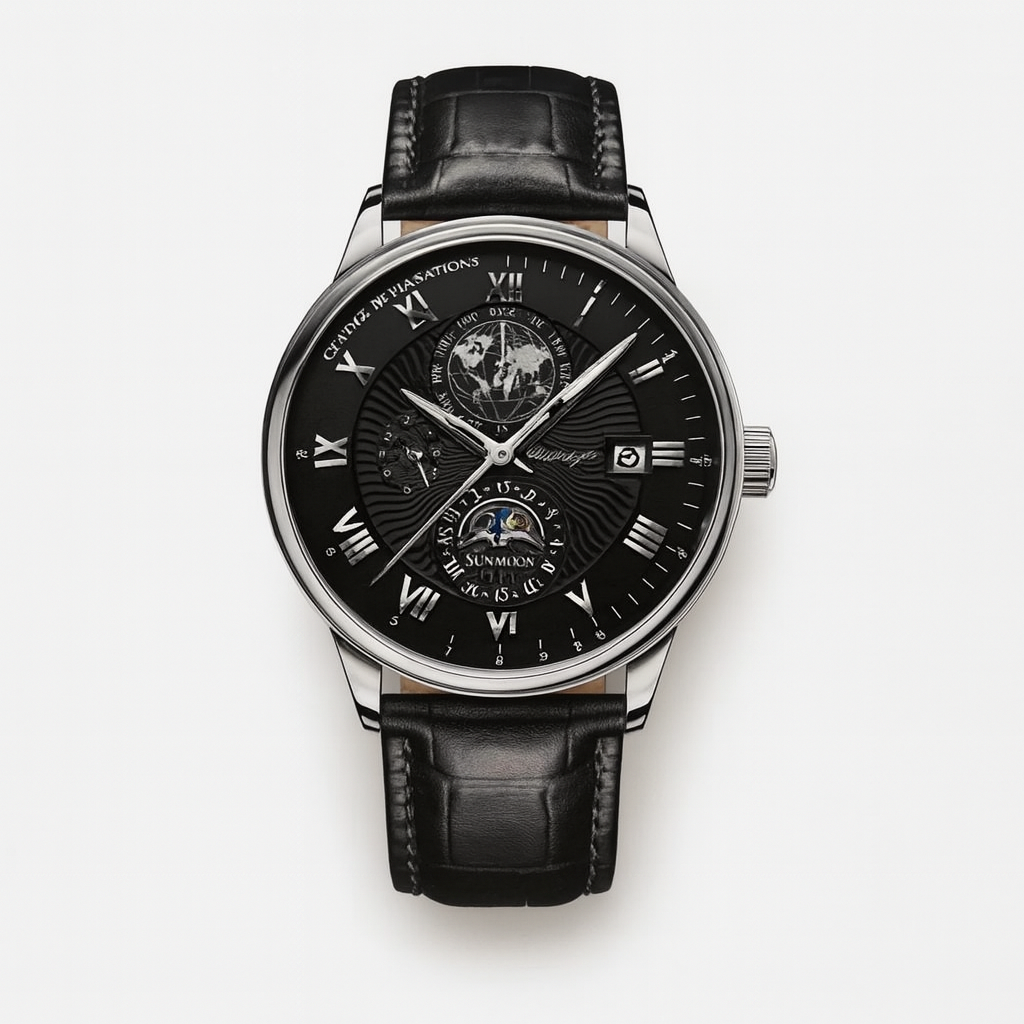 Vue détaillée d'une montre homme mécanique classique, cadran affichant avec précision les phases de lune. Luxe et élégance.