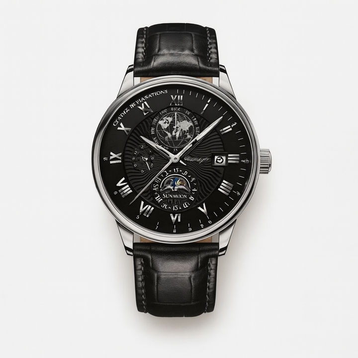 Vue détaillée d'une montre homme mécanique classique, cadran affichant avec précision les phases de lune. Luxe et élégance.