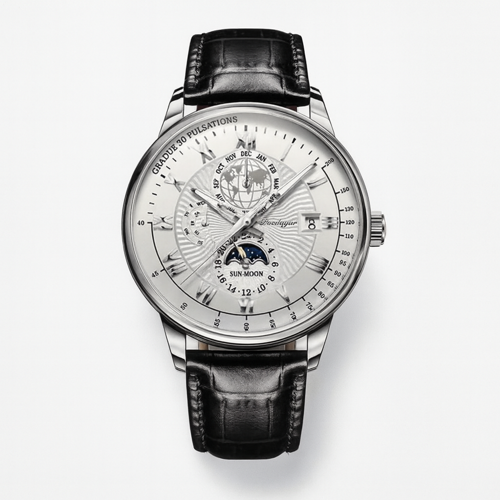 Montre homme mécanique de luxe avec phases de lune, design classique et élégant. Un chef-d'œuvre d'horlogerie intemporelle.