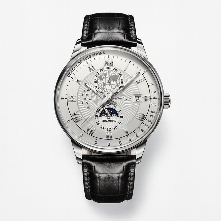 Montre homme mécanique de luxe avec phases de lune, design classique et élégant. Un chef-d'œuvre d'horlogerie intemporelle.