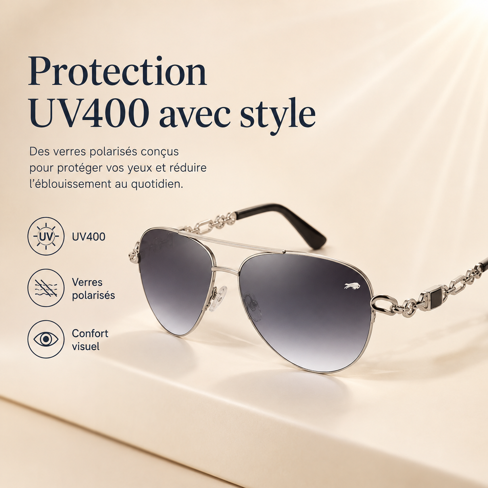 Chic lunettes de soleil aviateur polarisées femme, alliage léger, parfaites pour l'été.