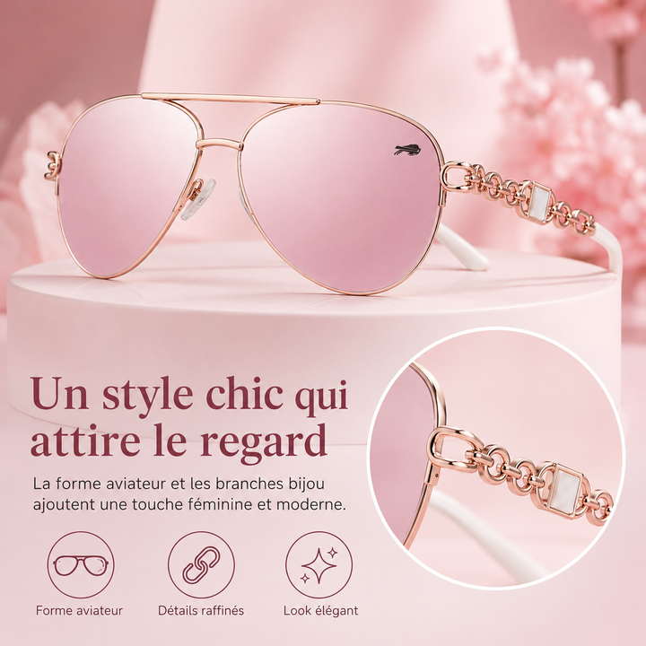 Femme portant des lunettes de soleil aviateur polarisées chic, protection UV400 pour l'été.