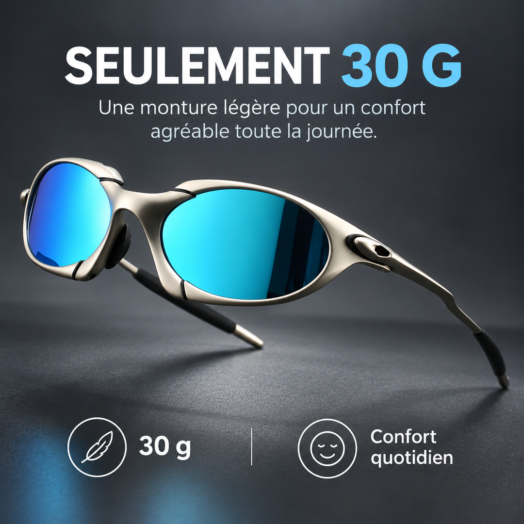 Homme portant des lunettes de soleil polarisées, monture métal légère. Protection UV pour le sport ou un look mode.