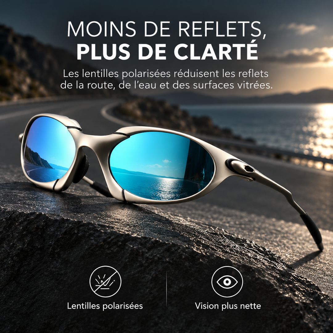 Lunettes de soleil polarisées pour hommes posées sur table. Monture métal légère, protection UV optimale pour l'extérieur.