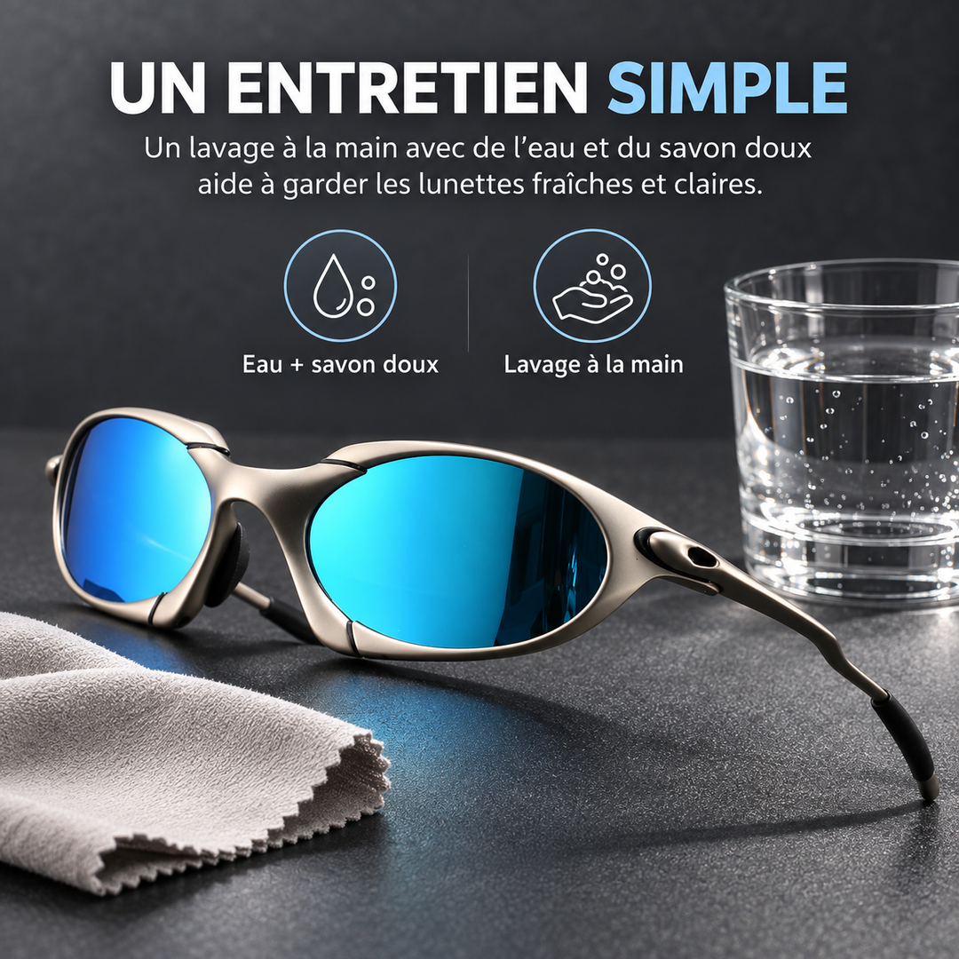Vue de face: Lunettes de soleil polarisées hommes, monture métal, verres protecteurs UV, légères et élégantes.