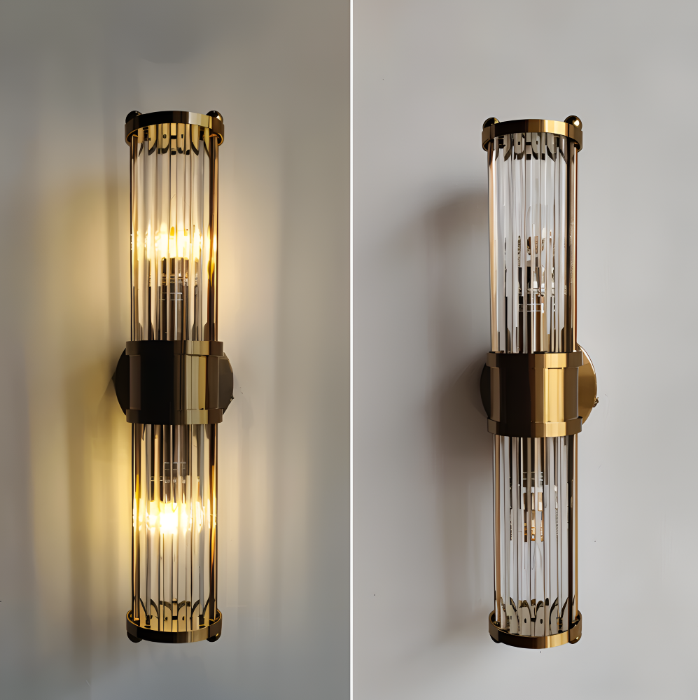 Éclairage mural luxe, cristal doré et LED, design unique. Ambiance chaleureuse garantie.