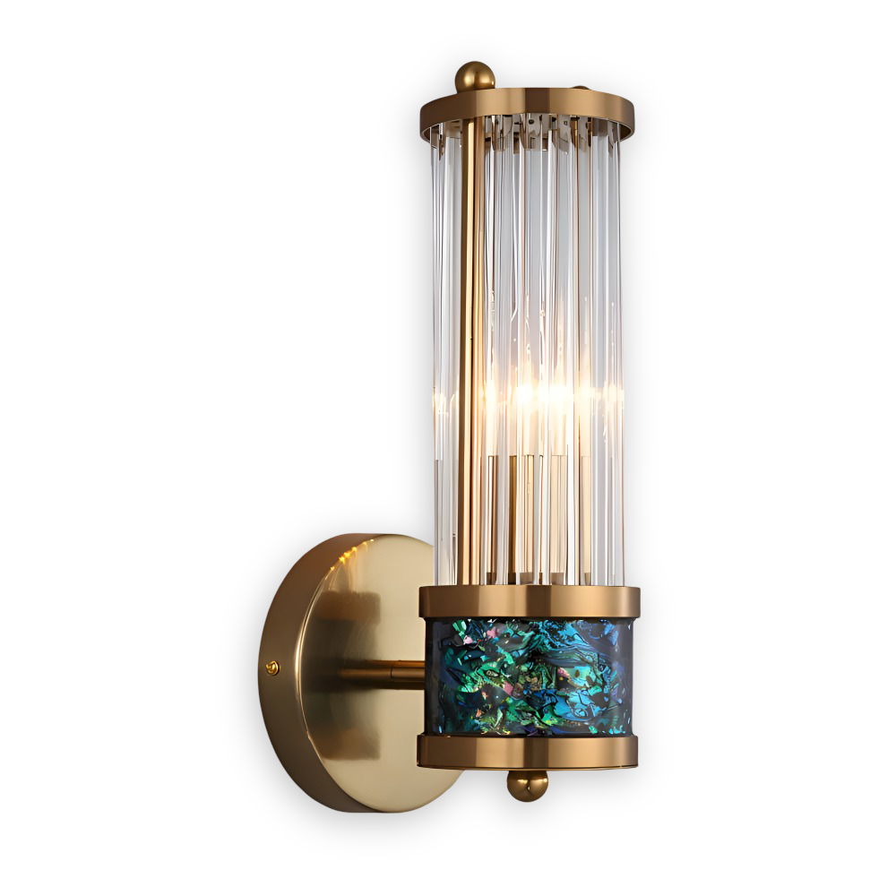 Luminaire intérieur LED, ambiance chaleureuse, cristal doré. Applique murale design luxe.