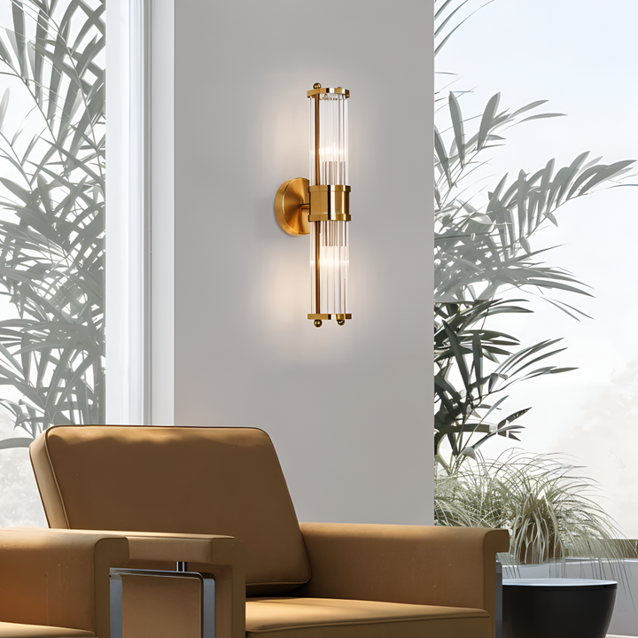 Luminaire mural moderne LED, style doré et cristal. Idéal pour salon et couloir.