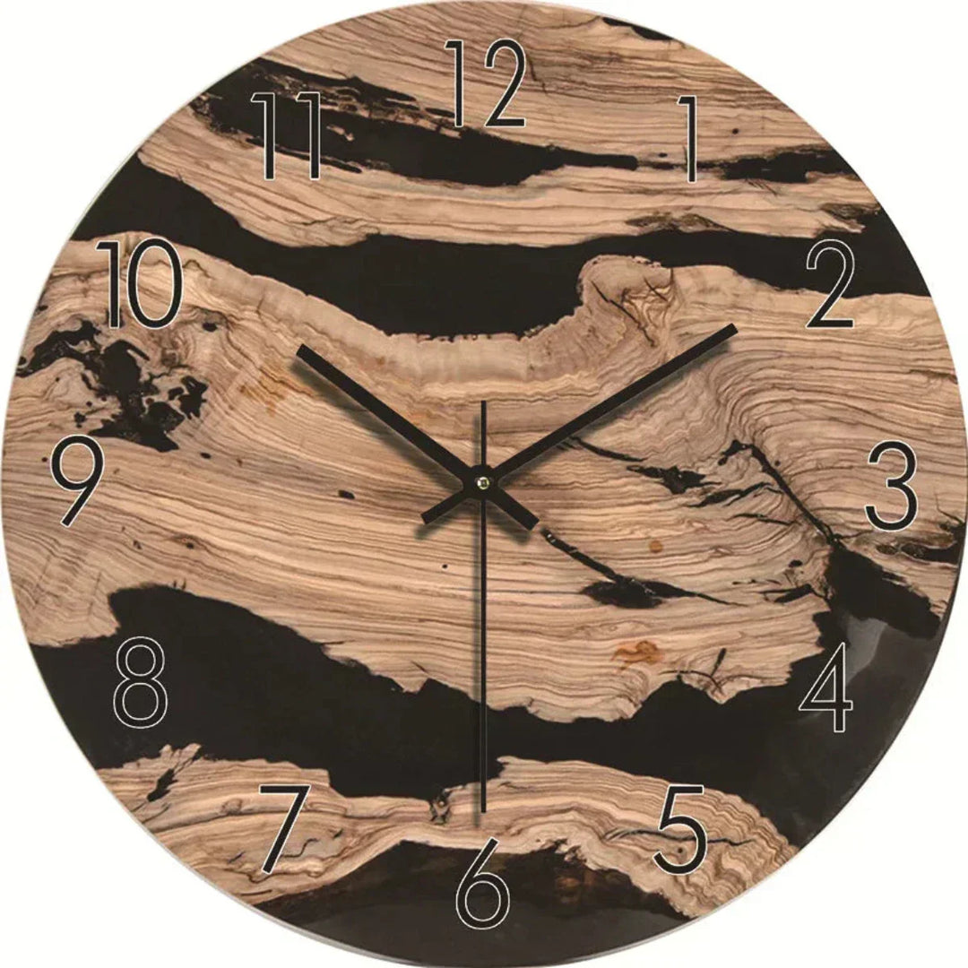 Cadran horloge mural silencieux, design contemporain effet bois, pour une touche moderne et naturelle.