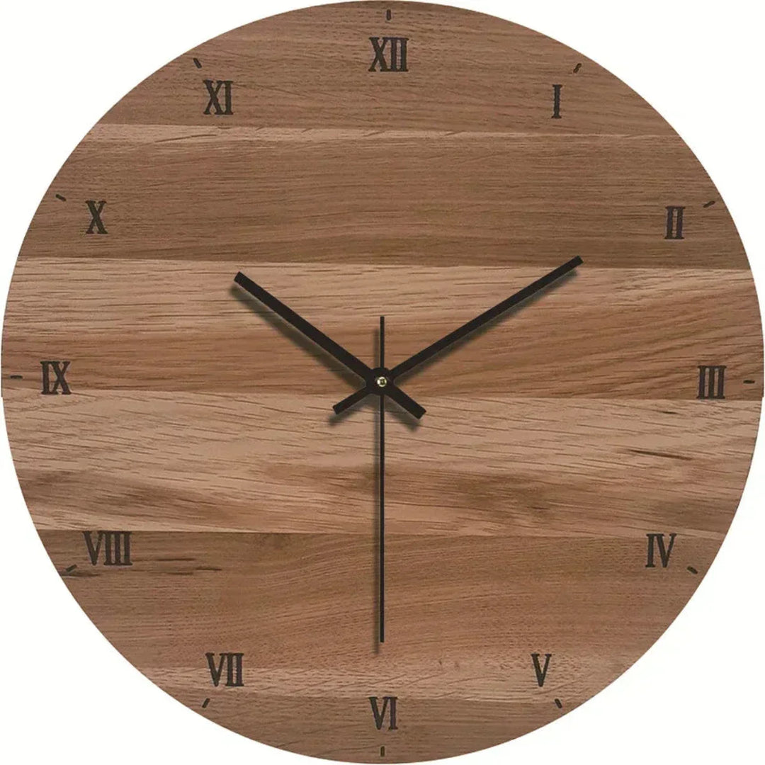 Horloge murale décorative effet bois, mécanisme silencieux, parfaite pour un salon ou une chambre.