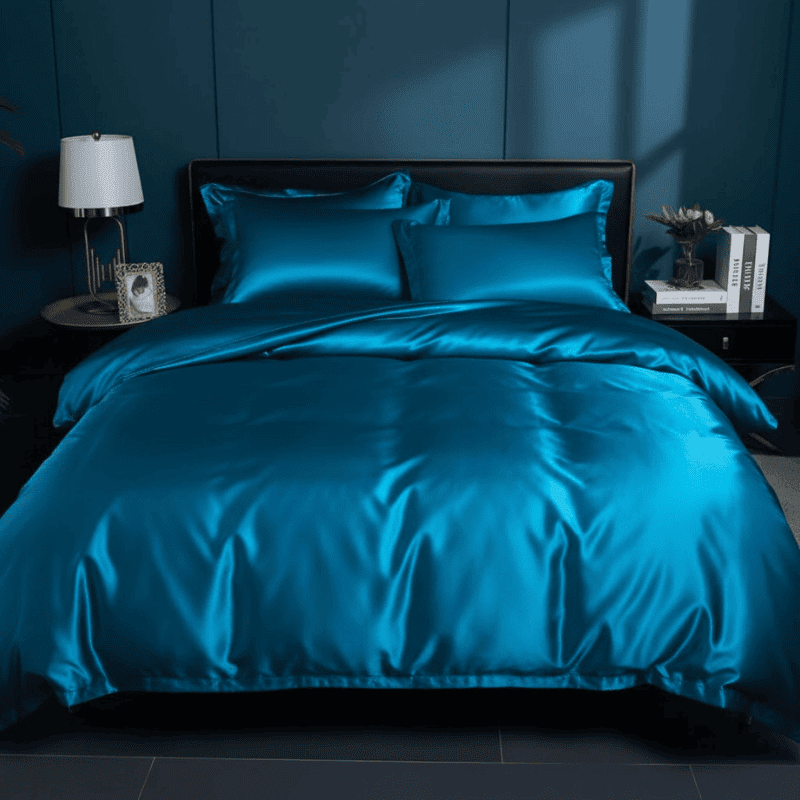 Ensemble de literie luxe en soie de mûrier pour sommeil réparateur, confort et douceur dans la chambre.