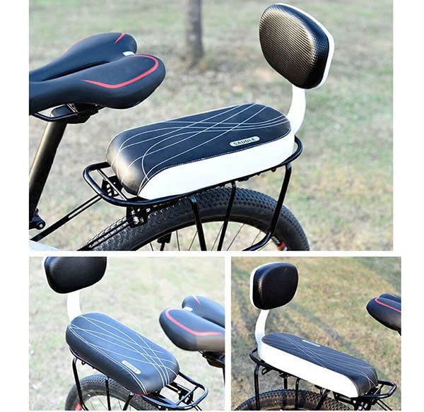 Siège vélo enfant en cuir PU, rembourré pour balades confortables sur porte-bagages.