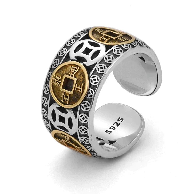 Anneau de richesse Feng Shui unisexe en argent 925 pour attirer prospérité et chance. Bijou de bien-être et protection.