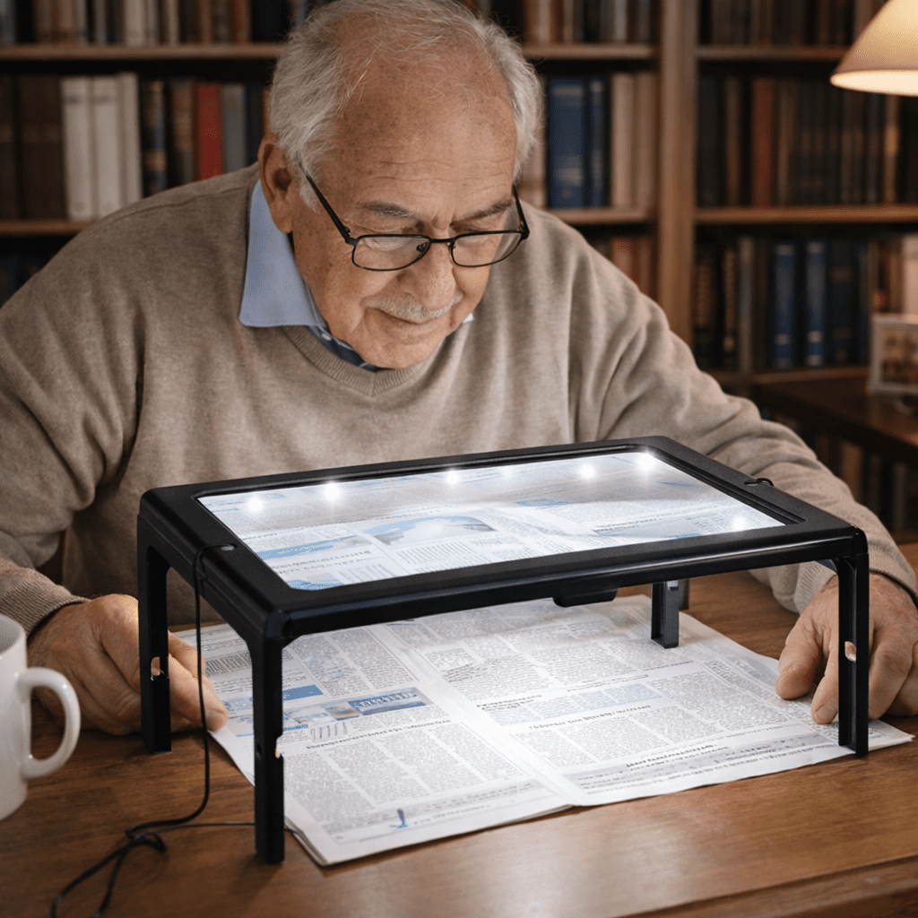 Loupe de lecture pliable et portable avec triple grossissement et LED, idéale pour aides visuelles.